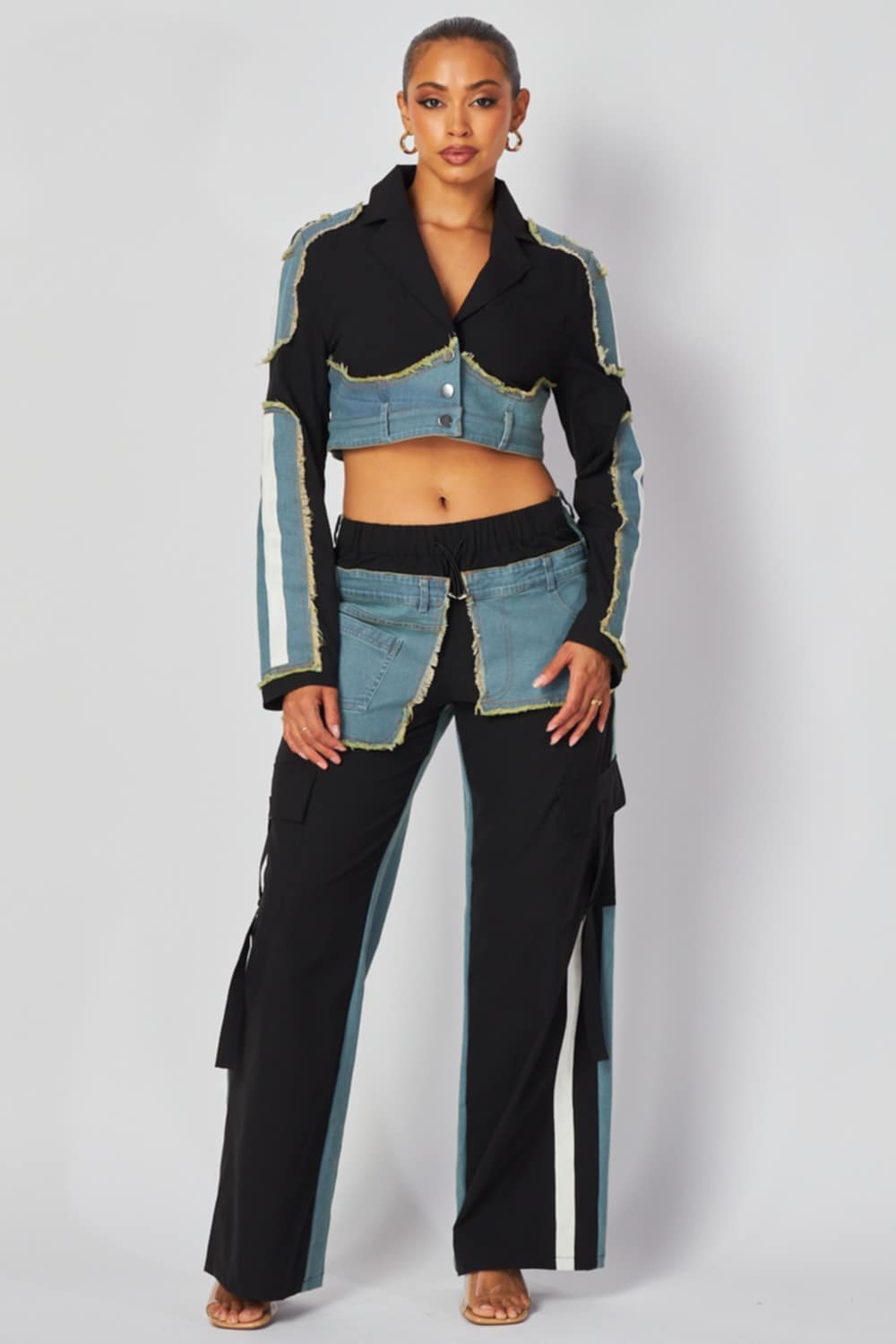 contrast denim patch outfit with frayed and raw edge denim, 2 piece set, black, with drawstring waist 