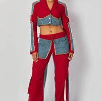 contrast denim patch outfit with frayed and raw edge denim, 2 piece set, red, with drawstring waist 