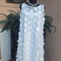 asymmetrical dress with spaghetti strap chiffon dress under and layered with a sheer solid white spiral pattern upper. 