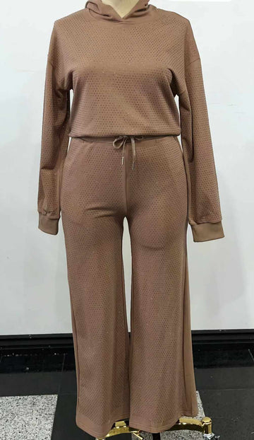 textured mocha brown two piece jogger set with hoodie and elastic drawstring waist. 