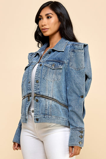 Long sleeve denim jacket with accent buttons that allows a structured look and front zip waistline