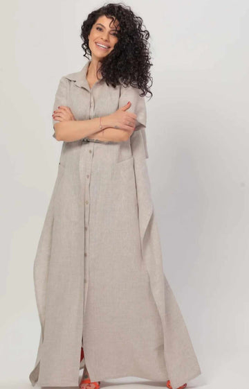 long length linen dress with pockets, button down front flowy and back tie