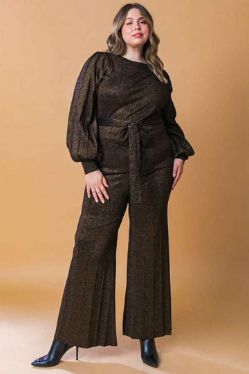 Long sleeve elegant jumpsuit with pleated sleeves and pleated wide leg and waist tie