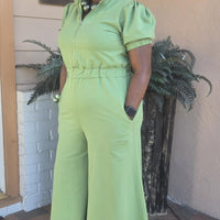 Retro Chick Jumpsuit, elastic waist and puff capped sleves, upper zipper and  wide leg bell bottom legs and pockets. Available in Mint Green or Heather Gray