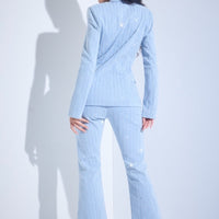 Denim and rhinestone pinstripe two piece pant set with flared pants