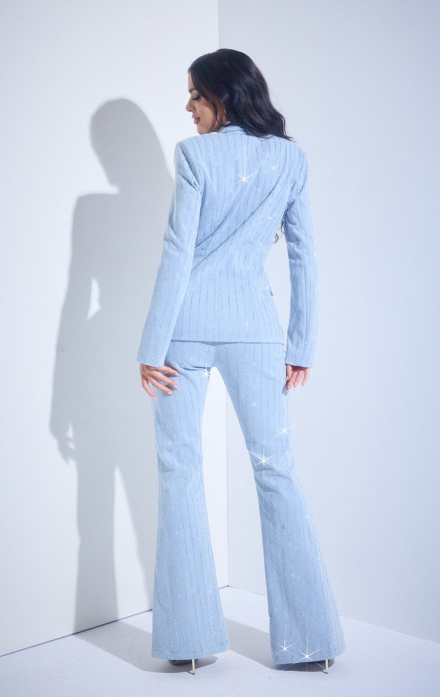 Denim and rhinestone pinstripe two piece pant set with flared pants